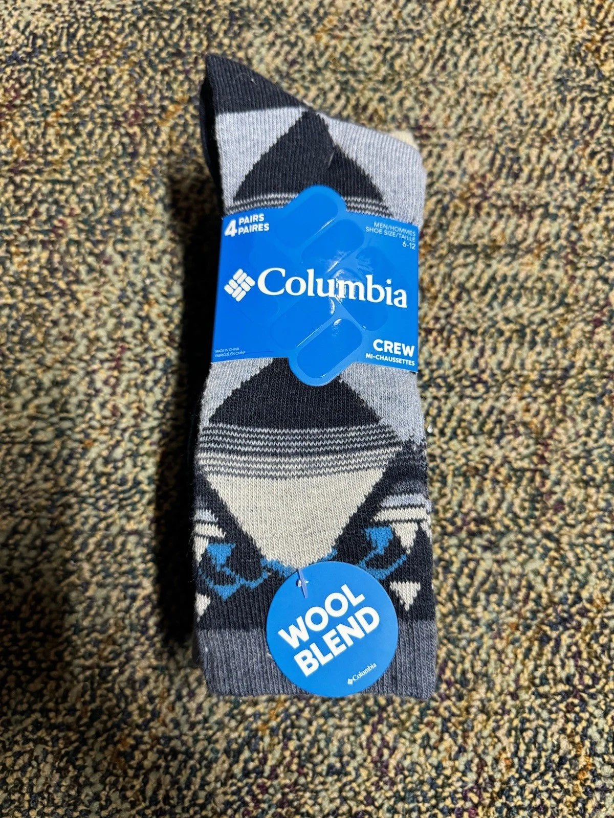 New Men's 4-Pack Columbia Crew Socks - Wool Blend Multi-Color - Size 6-12