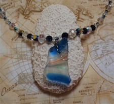 Wire Wrapped Swirl Blue Faux Sea Glass Necklace 21" Handmade Beaded Jewelry