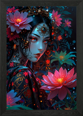 Asian Flowers Girl Framed Wall Art Poster Canvas Print Picture