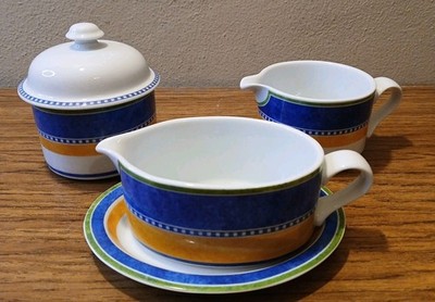 DANSK  Kobenhavn Bistro Lidded Sugar And Creamer + Gravy Blue Yellow Green Band