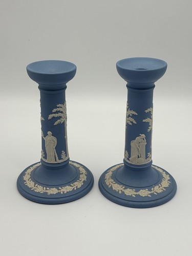 Wedgwood Jasperware Pair Candlesticks 6 1/2" Blue (CT)