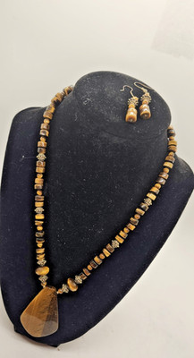 Natural Tiger's Eye Beaded Statement Necklace & Dangle Earrings Set Vintage Boho