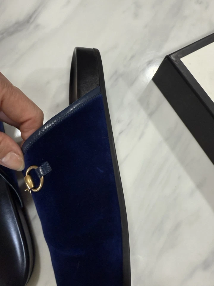 Nuevo GUCCI Sandalia Mocasín Sin Cordones de Terciopelo Azul Real con Mordida de Caballo Dorada 39.5