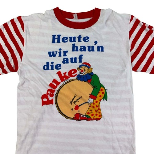 1980s Vintage German Clown Graphic Novelty Striped T-Shirt XS S - Picture 3 of 3