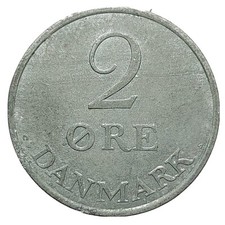 Denmark 2 Ore 1966 Zinc Coin – King Frederick IX Monogram – KM#840 I431