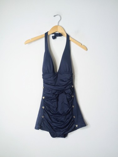 Juicy Couture Small Y2K dunkelblau gerafft Neckholder Badekleid Einteiler