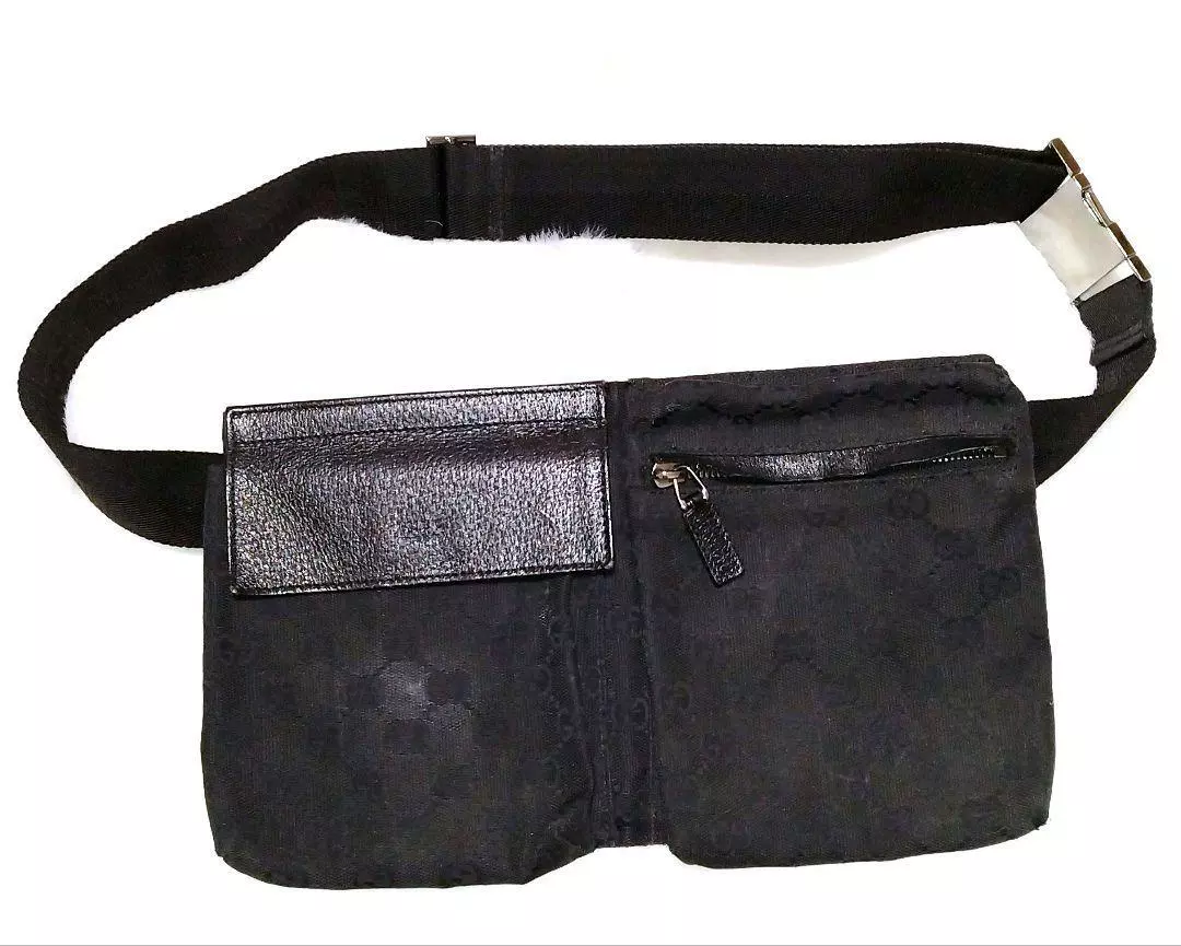 Sac GUCCI noir toile cuir GG taille corps ceinture fesses authentique #4
