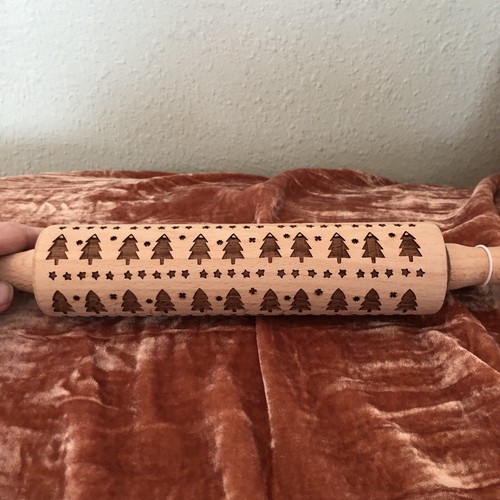 NEW: World Market Wood Christmas Tree Designs Embossing Rolling Pin Engraved - Picture 2 of 8