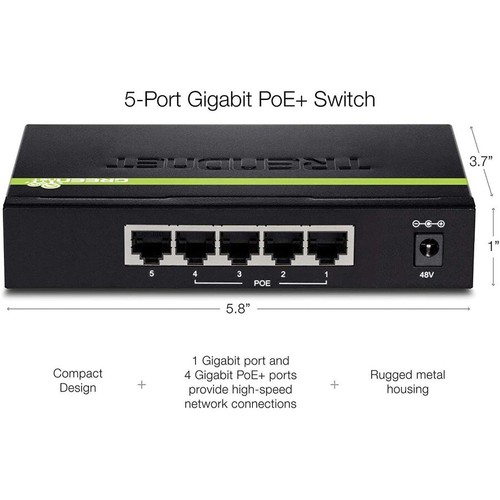 TRENDnet 5-Port Gigabit PoE+ Switch, 31 W PoE Budget, 10 Gbps Switching Capacity - Picture 2 of 7