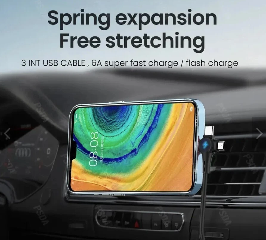 USB-A Kabel Typ-C+Micro+iPhone Handy Auto Ladekabel Schnellladekabel Spiralkabel - Bild 3 von 4