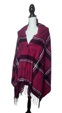 Budweizer Buttons Closure Red Plaid Shawl Scarf With Fringes 68"x27" Pre-owned