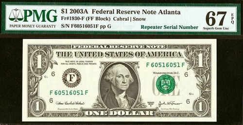 2003A 1 $ Federal Reserve Note PMG 67EPQ Top Pop höchstbewertete Repeater 60516051 - Bild 3 von 4
