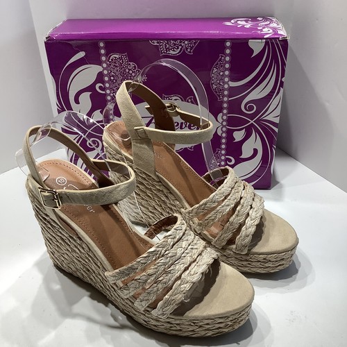 Forever Comfort Womens Espadrilles Sandals Beige Wedge Heels Ankle Strap 10M New