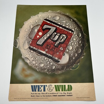 7 Up Wet and Wild 1967 Vintage Print Ad 13x10'' wet cap close up big graphic