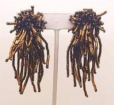 E309 Vintage boho Handmade brown seed beaded clip on Drop party fashion earrings