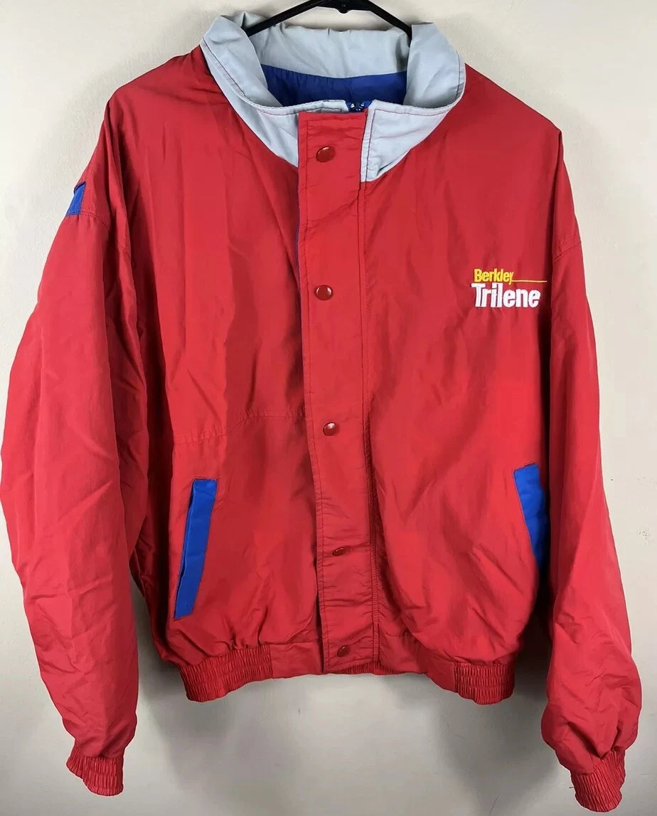 Veste Vintage Wiman - Satin Rouge, Thinsulate, Fermeture éclair, Motif Pêche Berkley Trilene - USA L