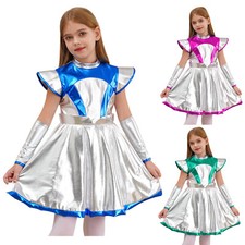 Kids Girls Costume Halloween Dress Shiny Alien Cosplay Pleated With Arm Sleevee