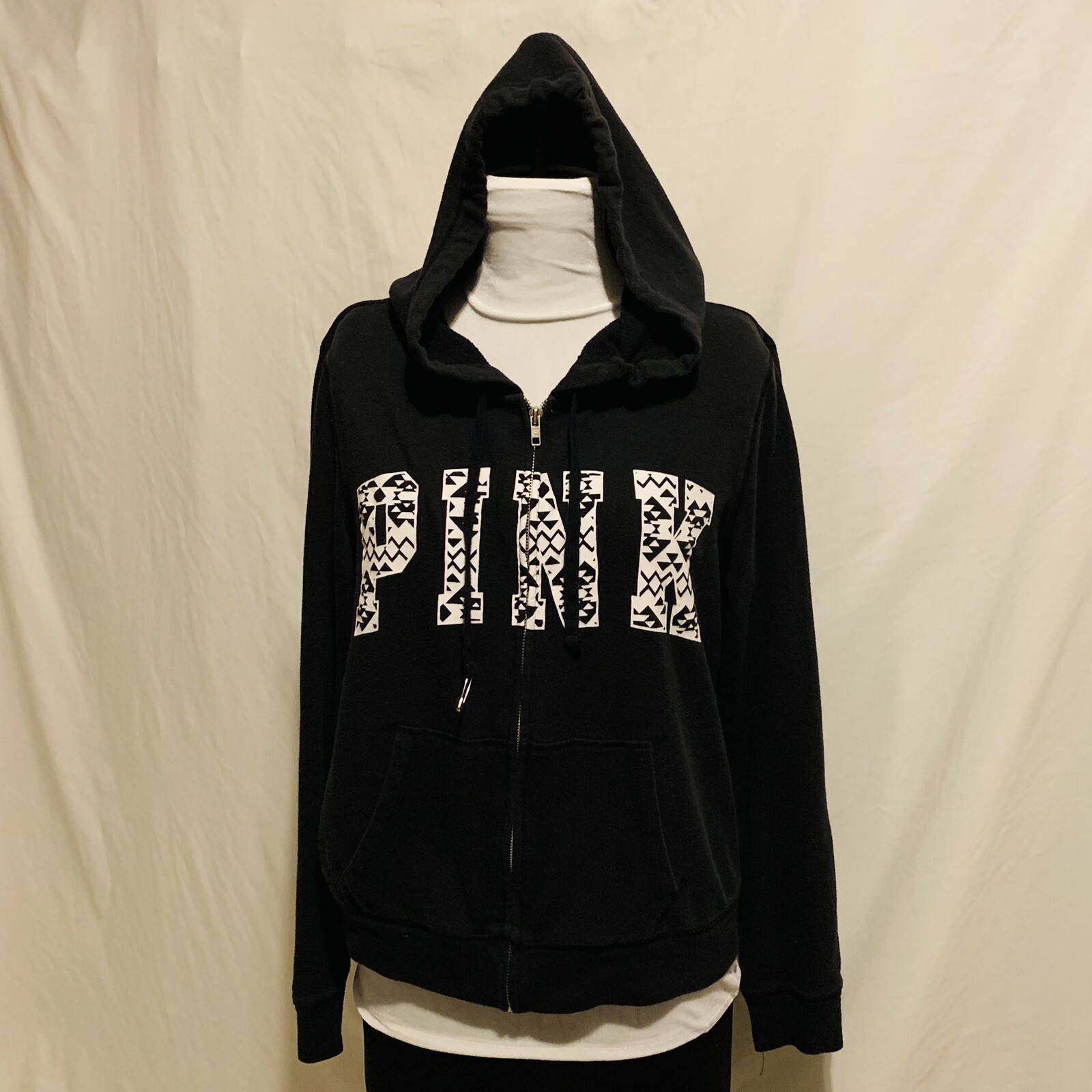 Victoria’s Secret Pink Hoodie Jacket Womens Large Black Full Zip Front