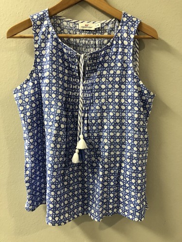 Vineyard Vines Linen sleeveless Blouse Pullover Tassel Tie Womens M Blue Pleats - Picture 8 of 14