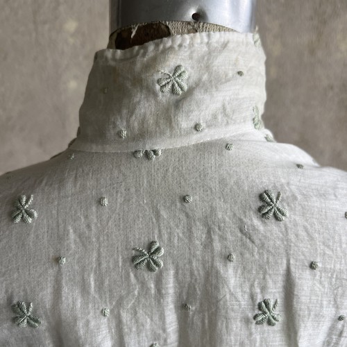 Antique Edwardian Green Embroidered Clover Maxi Tea Dress White Cotton Vintage - Picture 11 of 20