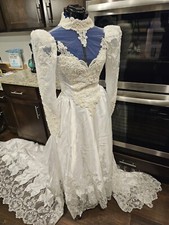 Victorian Vintage Lace Sheer Beaded Sequin Ballgown White Wedding Dress 6