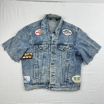 Vintage 1980s Denim Jacket Adult Medium Blue Patches Cut Off Vintage 1980s Denim Jacket Adult Medium Blue Patches Cut Off