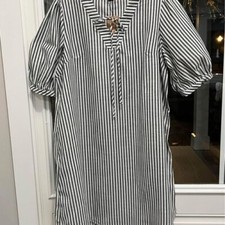 New 3X Striped Print Puff Sleeve Dress with Tie Neck