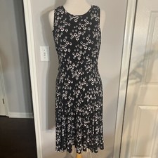 Ann Taylor Loft Knit Dress Back Zip Lined Bodice Floral Black Red White Size 4