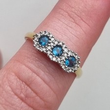 Hallmarked 9ct Yellow Gold Blue Topaz & .15ct Diamond Triple Halo Ring R 2.2g