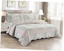 Rose and Sage Quilt Set, 3-Piece Bedding Sets with 2 King Quilt Set King Pink