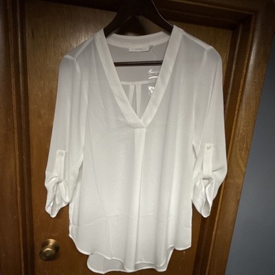 Lush White V-Neck 3/4 Sleeve Blouse Button Accent Pullover Size XS