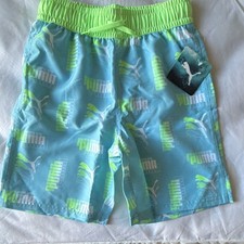 PUMA Men's S Swim Shorts Blue Green Logo Drawstring Elastic Waist Pockets