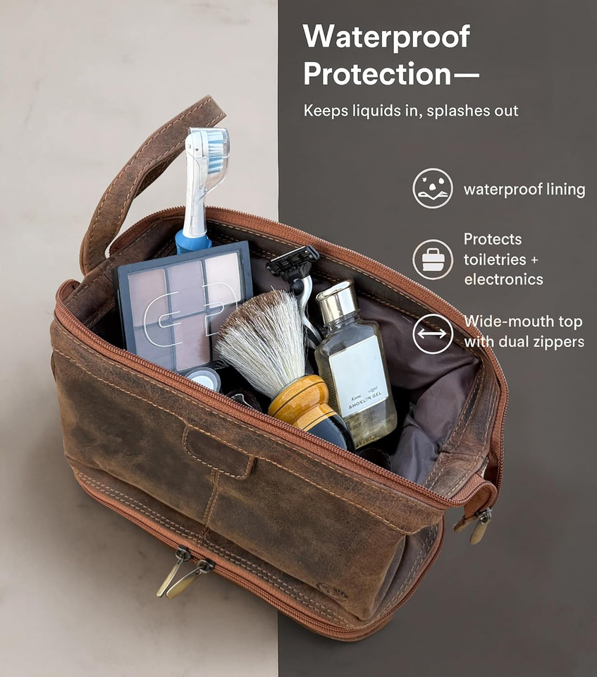 Borsa Da Toilette Da Uomo In Pelle, Grande Da Viaggio Con Gancio, Organizzatore Per Rasatura E Accessori, Regalo Per Papà - 3