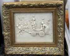 Bas-Relief Painting Alabaster Gold Frame - Children Pushing a Stroller Vintage