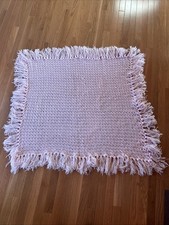 Vintage Hand Crocheted Baby Blanket Pink Pastel 43x46 With Fringe Soft Baby Show