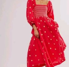 Free People Daisy Chain Midi Dress Red Floral Embroidered Smock Boho Peasant XS