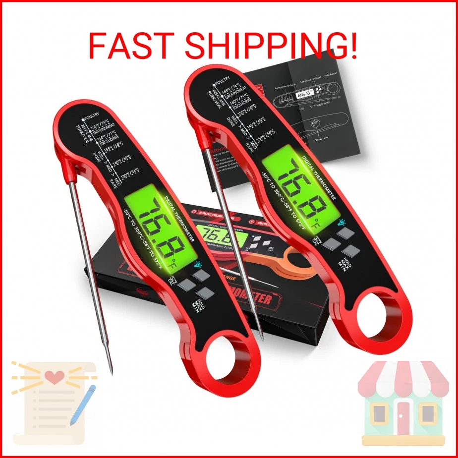 2 Pack Fast Instant Read Meat Thermometer with Backlight - Waterproof Digital Fo