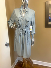 Karen Kane Chambray Shirt Dress M Blue Long Sleeve Belted Pockets 3L46521