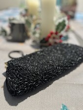 Valerie Stevens Black Beaded Evening Bag Vintage-Inspired Clutch with Strap