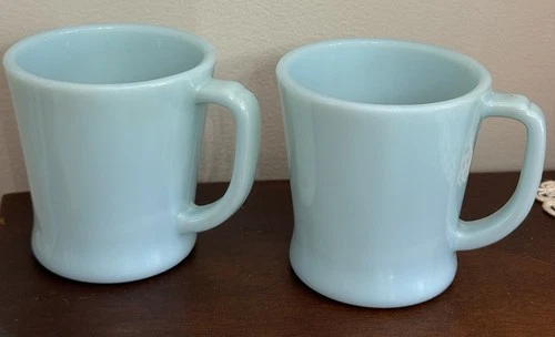 Two 2 Fire King Vintage Delphite Turquoise Blue Milk Glasse D Handle Mugs