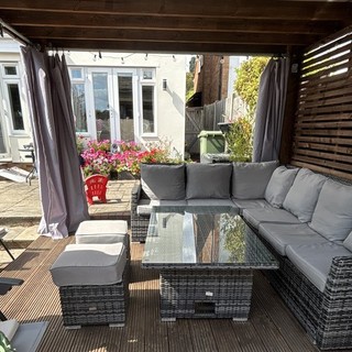 FISHPools Grey Rattan Effect Corner Lounge Set Cushions Glass Table & Stool
