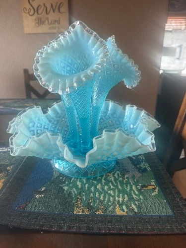 Vintage Fenton Blue Opalescent Hobnail 3-Horn Epergne Lily Vase Ruffled Bowl Exc