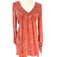 Wild Fable Floral Smocked V-Neck Mini Dress Burnt Orange Boho Long Sleeve Small