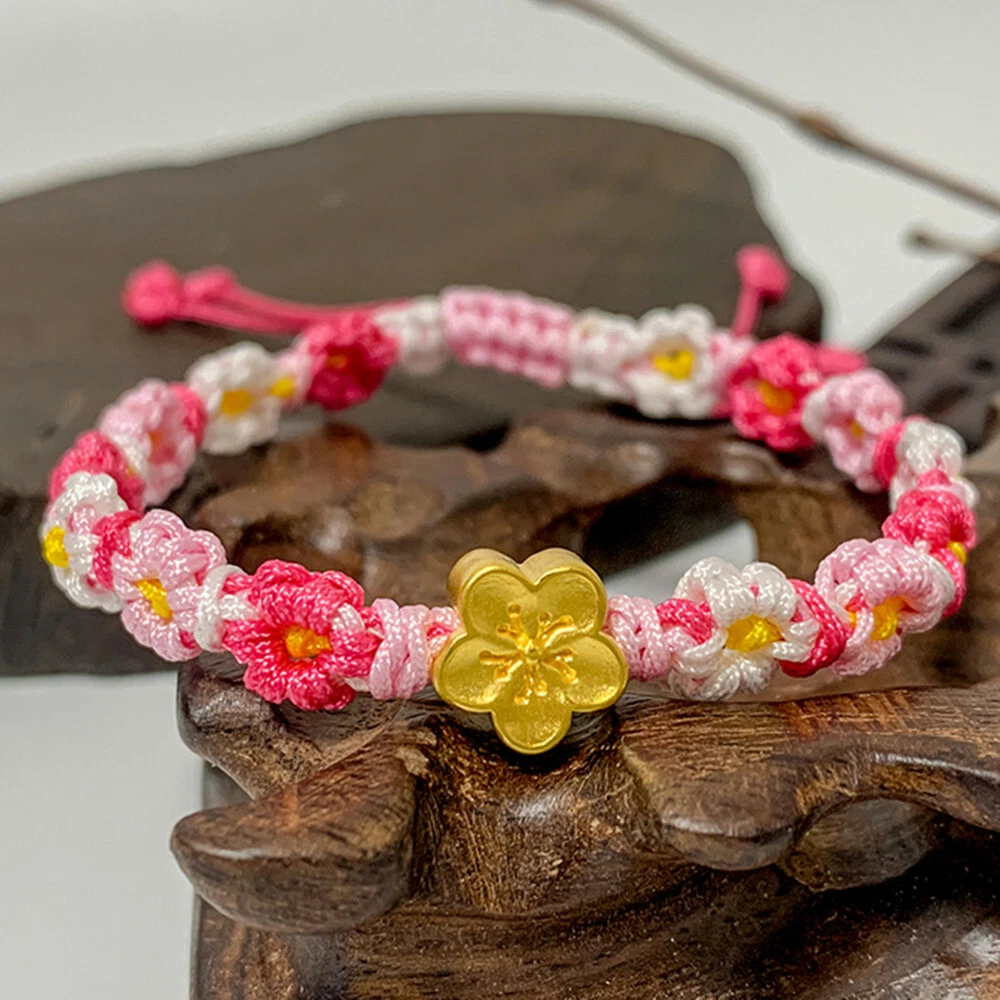 1pcs Pure 999 24K Yellow Gold Women Lucky Peach Blossom Bracelet