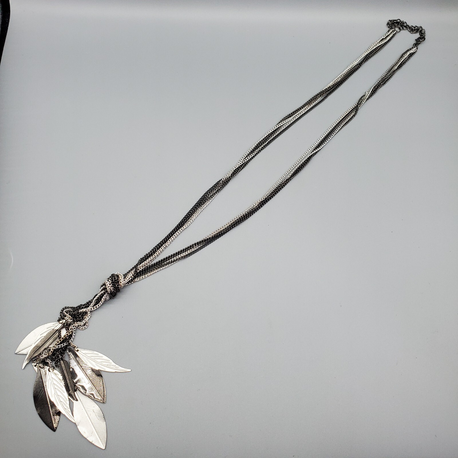 Leaf Tassel Statement Necklace Multistrand Gunmet… - image 1