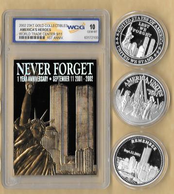 2002 23 Kt Gold World Trade Center 9/11 1st  Anniv Black Silver 3 Coin Lot Grade