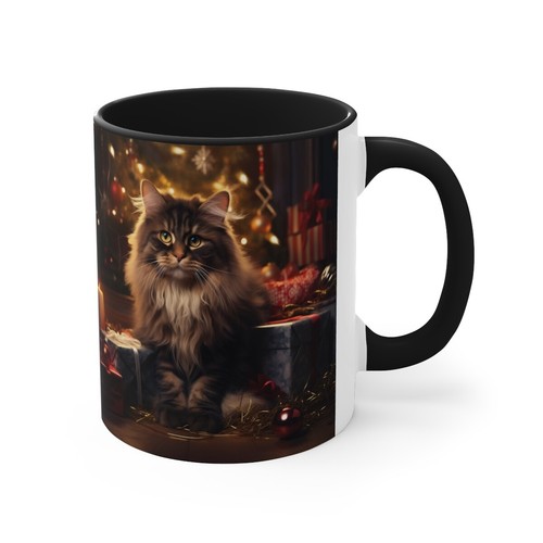 Tazza da caffè colorata 11 once gatto tabby a pelo lungo che celebra il Natale vigilia di Natale - Foto 13 di 21