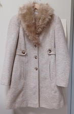 Red Herring Size 10 Beige Faux Fur Collar Coat Smart Soft Lined 
