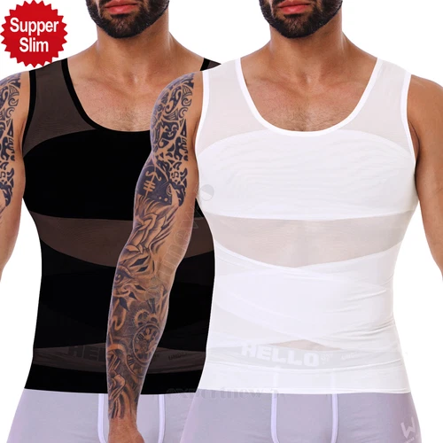 MENS SLIMMING BODY SHAPER BELLY CHEST COMPRESSION VEST GIRDLE SHIRT TANK TOP - Afbeelding 1 van 29