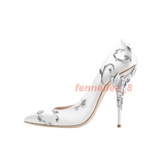 Women's Metal Flower Pointy Toe Pumps Slip on Stilettos High Heel Wedding Shoes
